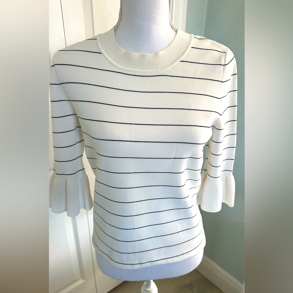 BOSS Hugo Boss Fenella Striped Knit Top Bell Sleeve White Black Medium